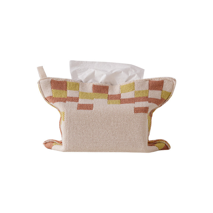 Knitted tissue box cover with geometric wave pattern
