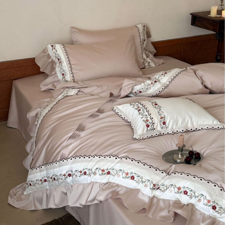 Luxury Embroidered Ruffled Satin Duvet Cover Set
