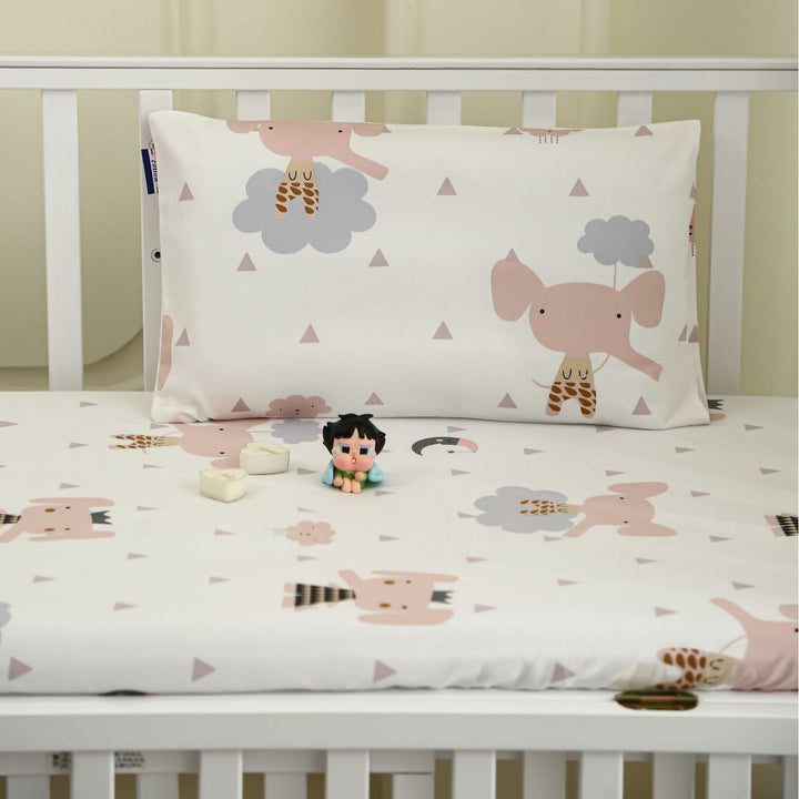Printed Organic Cotton Fitted Crib Sheet & Pillowcase Set with Cute Elephant and Cloud Nursery Pattern