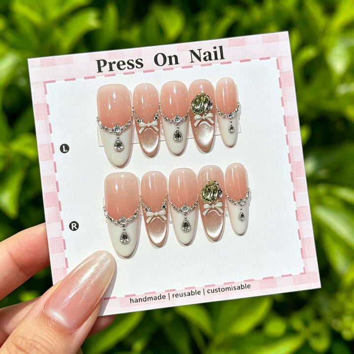 Elegantly Crafted Decorative Press-On Nail Art Set with Gem Accents