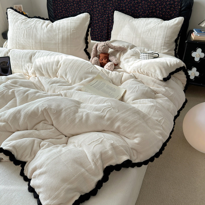 Embossed Bow-Pattern Quilted Comforter Set with Pom-Pom Trim