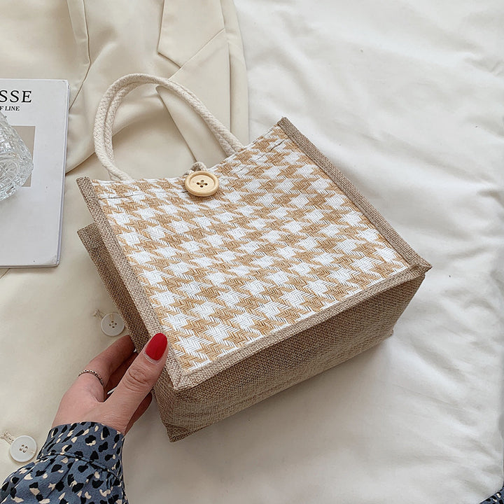 Houndstooth Patterned Canvas Tote Bag