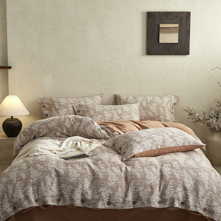 Bedding set – cotton-linen mix with fine flower relief and button placket
