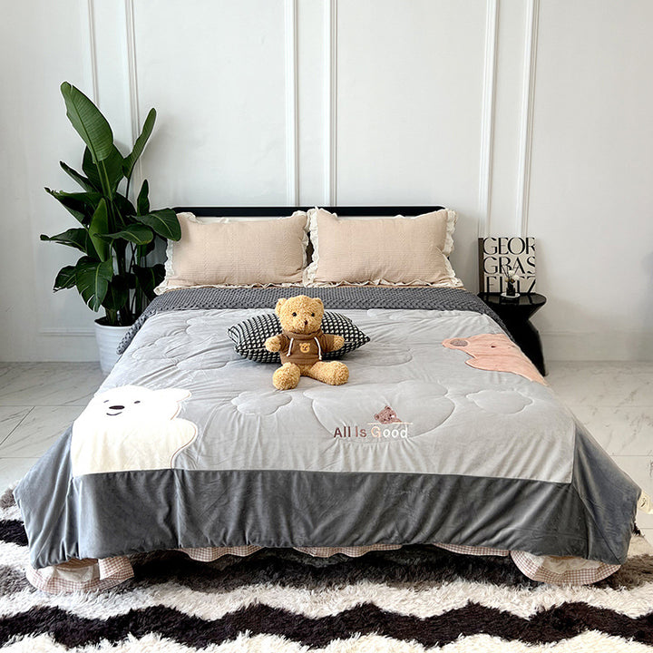 Plush Reversible Cartoon Bear Embroidered Comforter Duvet
