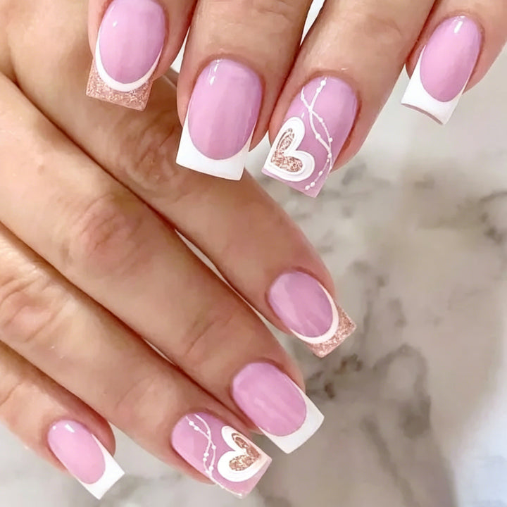 Heart-Embellished French Tip Press-On Nails Bowlift