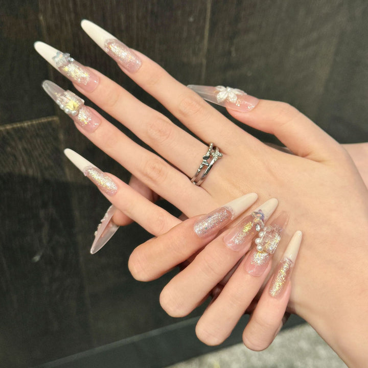 Decorative Press-On Nail Set with Glamorous Pearl and Glitter Accents