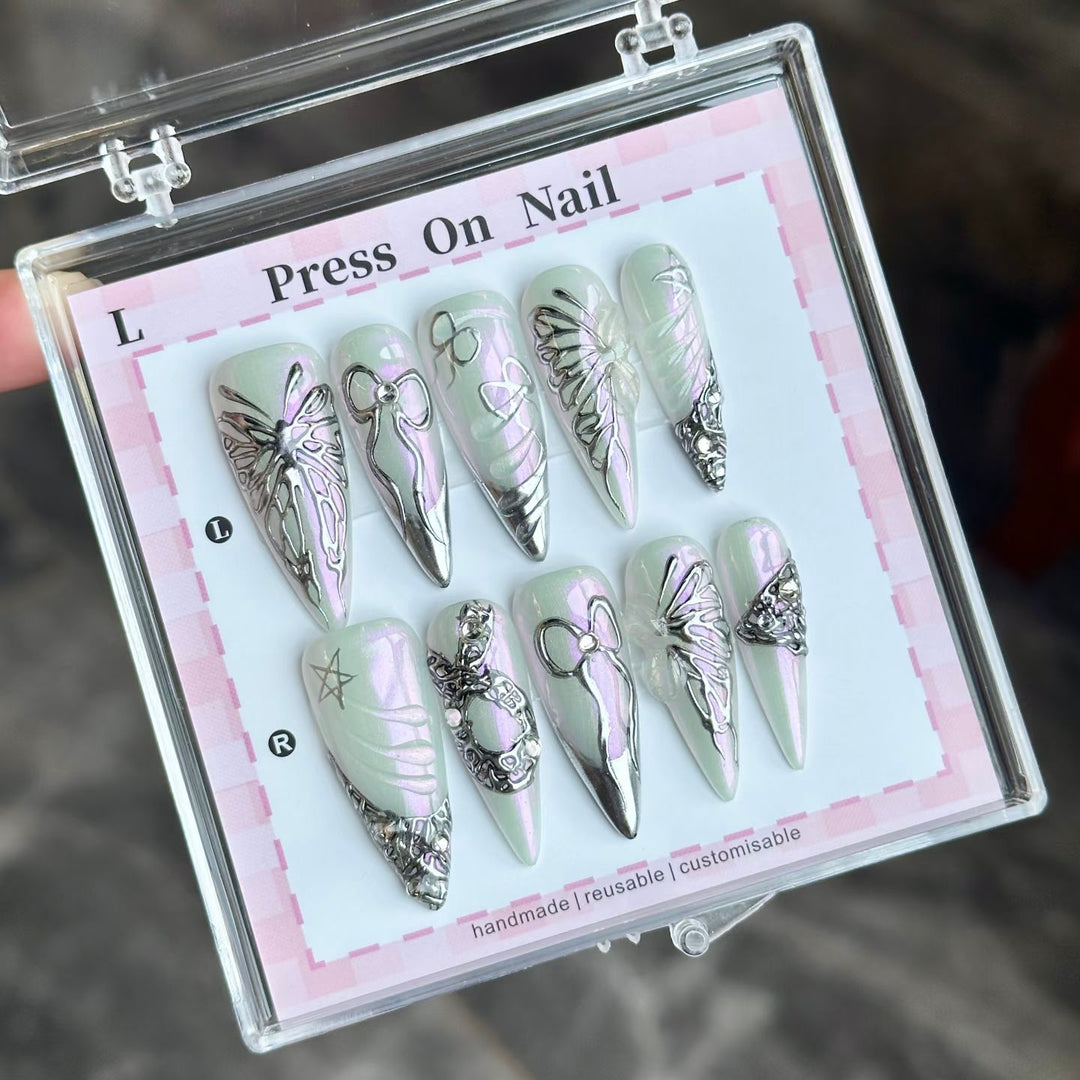 Decorative Press-On Nails with Unique Metallic Accents