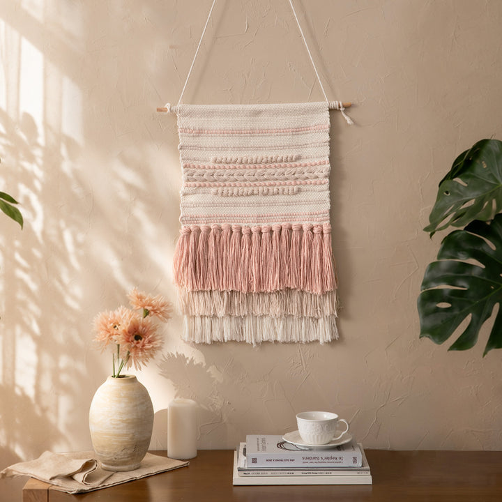 Boho Wall Hanging Macrame with Hand-Knotted Fringes and Woven Cable Patterns Bowlift