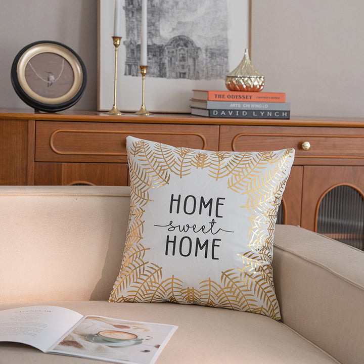 Decorative Square Throw Pillow Cover with Gold Foil Leaf Border and 'Home Sweet Home' Script