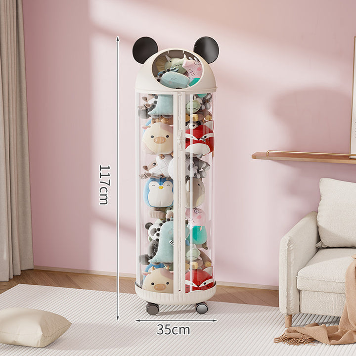 Vertical Clear Cylinder Plush Toy Storage Tower with Divided Shelves and Caster Base
