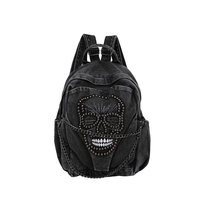Edgy Skull Design Denim Backpack