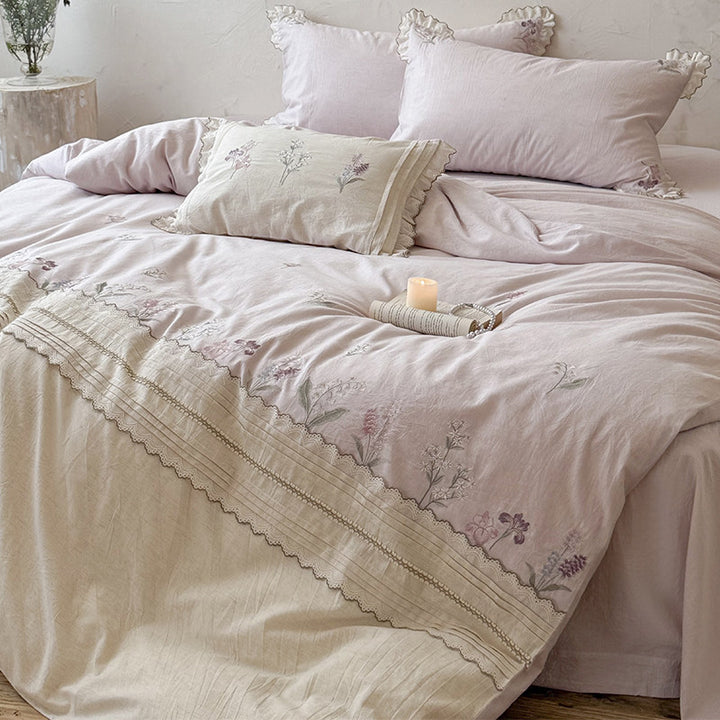 Embroidered Botanical Linen Duvet Cover Set