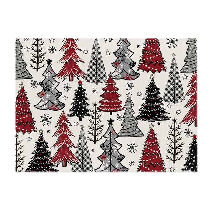 Decorative Rectangular Cotton-Linen Holiday Tablecloth with Repeating Hand-Painted Christmas Tree Motif