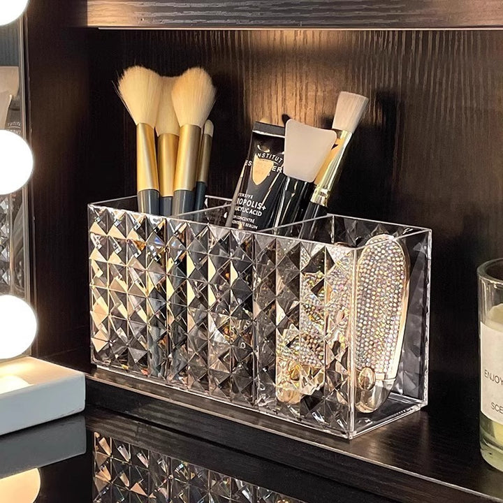 Acrylic Triple-Compartment Diamond-Cut Makeup Brush and Cosmetic Organizer Bowlift