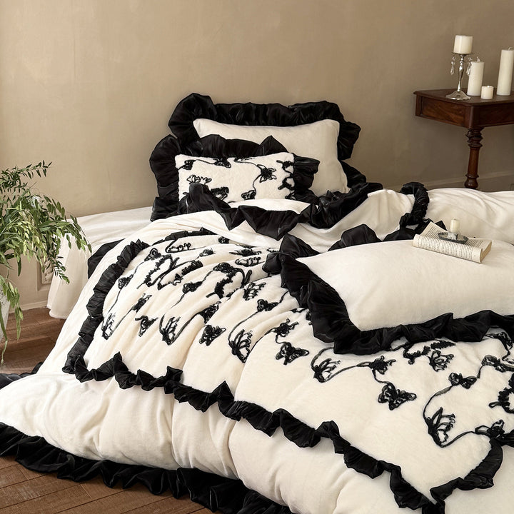 Ruffled Embroidered Faux-Shearling Duvet Cover and Sham Set