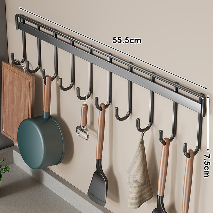 Wall-Mounted Multi-Hook Kitchen Utensil and Pan Hanger Rack