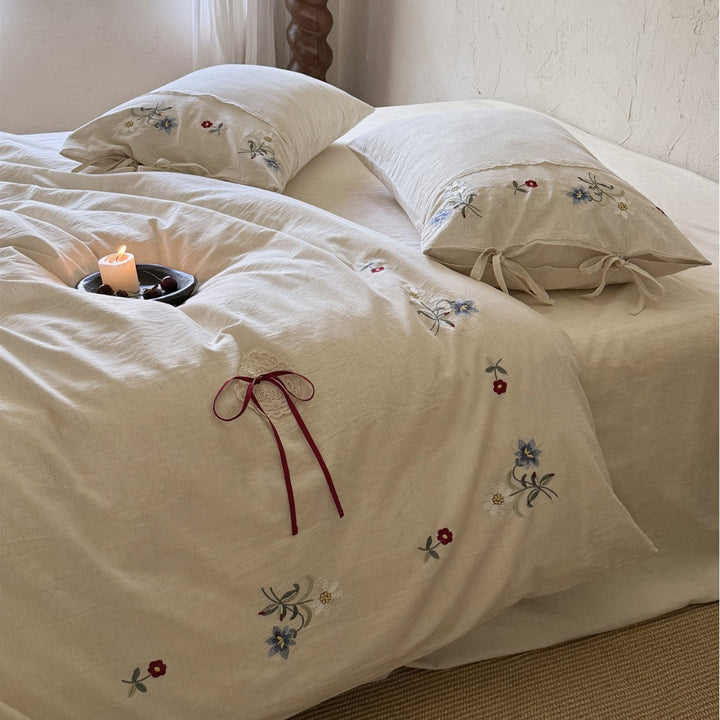 Embroidered Cotton-Linen Blend Duvet Cover Set with Bow-Tie Closures