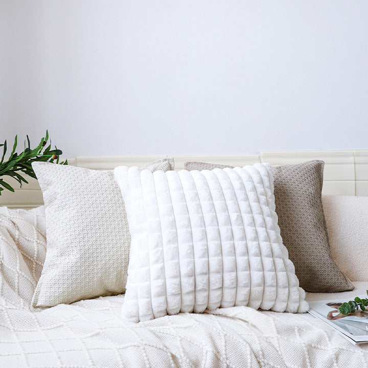 Square decorative pillow cover with horizontal plush rib structure and soft teddy fleece Bowlift