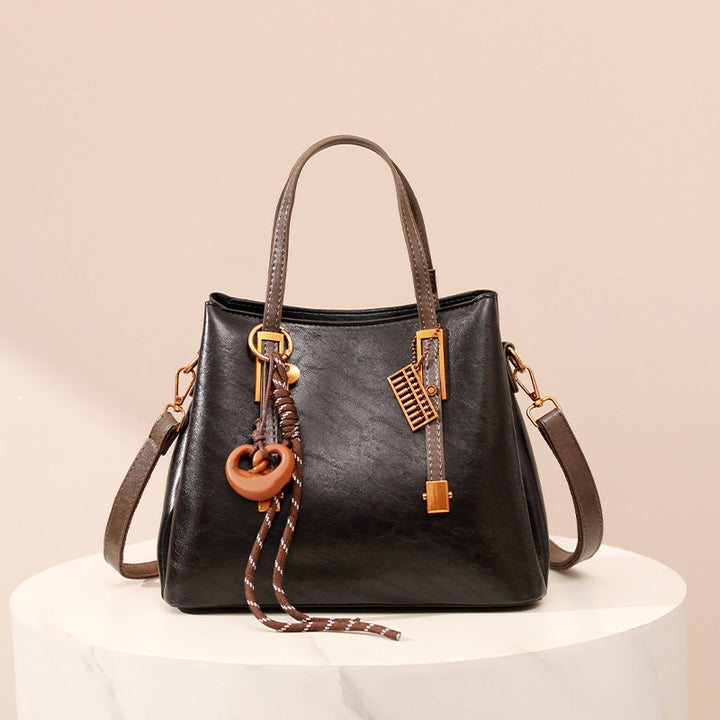 Structured Handheld Satchel Bag with Decorative Keychain