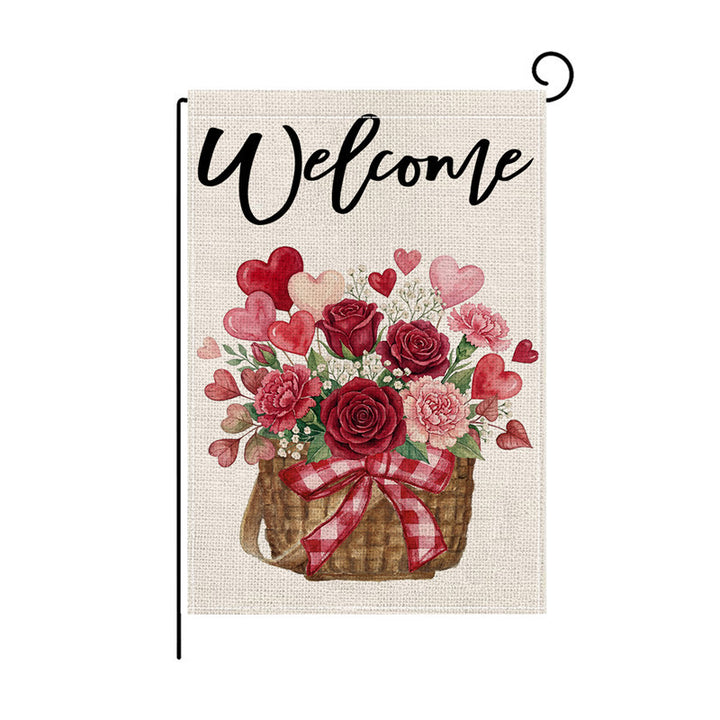Double-Sided Burlap-Texture Rose Heart Wreath Welcome Garden Flag