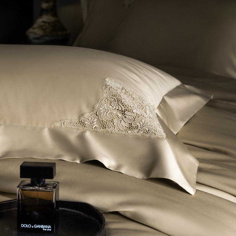 Luxurious cotton satin bedding set with fine lace embroidery