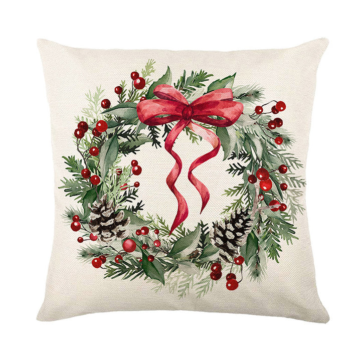 Festive Botanical Wreath Linen-Texture Square Pillow Cover