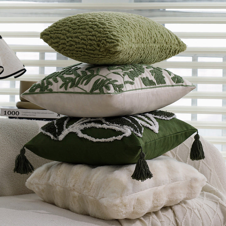 Square decorative cushion with raised leaf tufting and tassels Bowlift