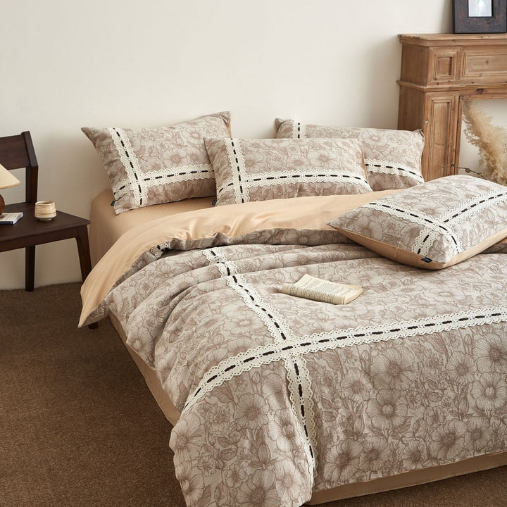 Floral Sketch Lace-Panel Reversible Duvet Cover Ensemble with Solid-Backed Pillow Shams