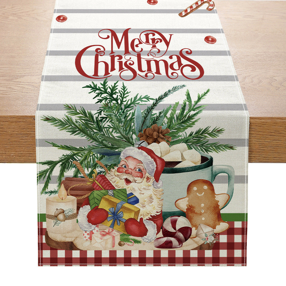 Festive Buffalo Check Cotton-Linen Table Runner with Merry Christmas Pine Design