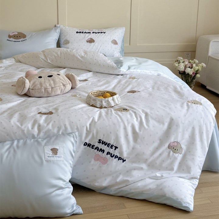 Reversible Embroidered Puppy Duvet Cover Set