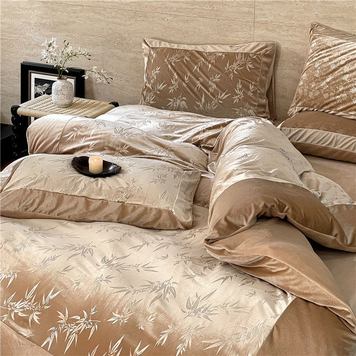 Bamboo motif embossed bedding set with reversible function