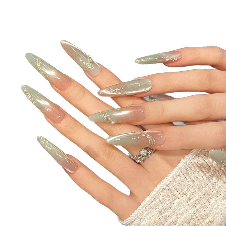 Decorative Press-On Nail Set with Elegant Gradient and Gem Accents