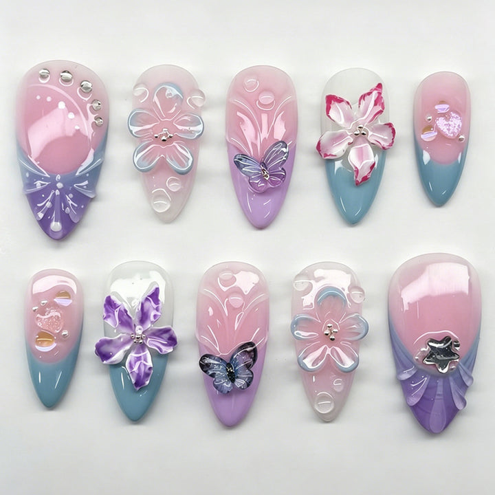 Artificial nail set with elegant flower and butterfly decorations Bowlift