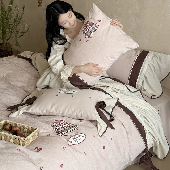Romantic Embroidered Ruffled Cotton Duvet Cover Set with Pillowcases