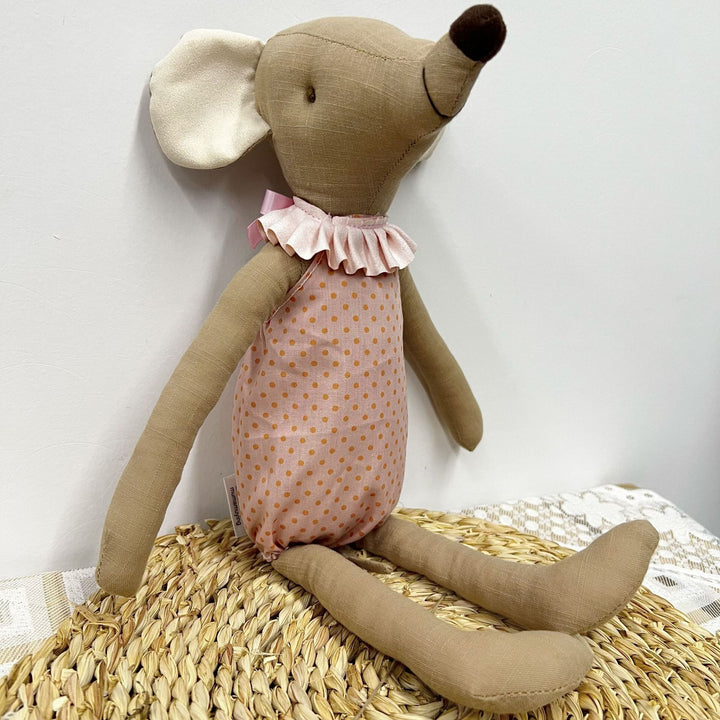 Handmade Linen Elephant Soft Toy Doll with Long Limbs and Ruffled Collar