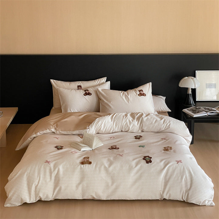 Embroidered Gingham Cotton Duvet Cover Bedding Set
