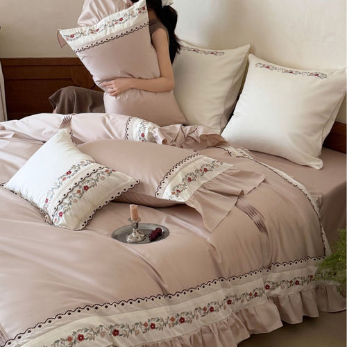Luxury Embroidered Ruffled Satin Duvet Cover Set