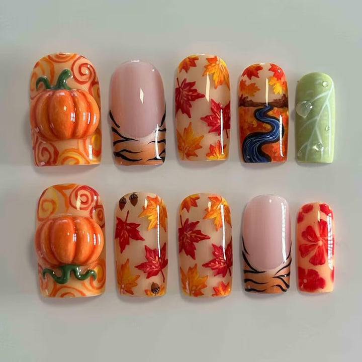 Artificial nail set with autumn motifs and creative 3D elements Bowlift
