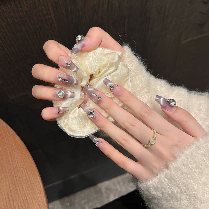 Luxury Decorative Press-On Nail Set with Gem Accents