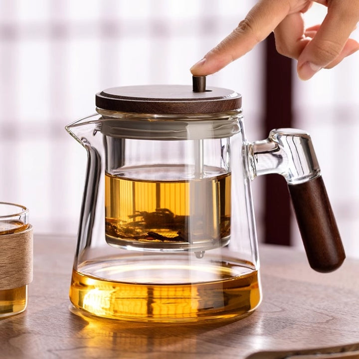 Borosilicate Glass Tea Infuser Pot with Wooden Handle and Press Lid Bowlift