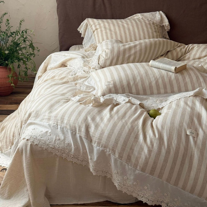 Striped Linen Duvet Cover Set with Lace Trim