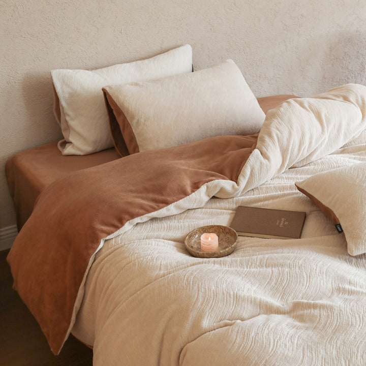 Textured Cotton Duvet Cover Set with Reversible Soft-Back Trim