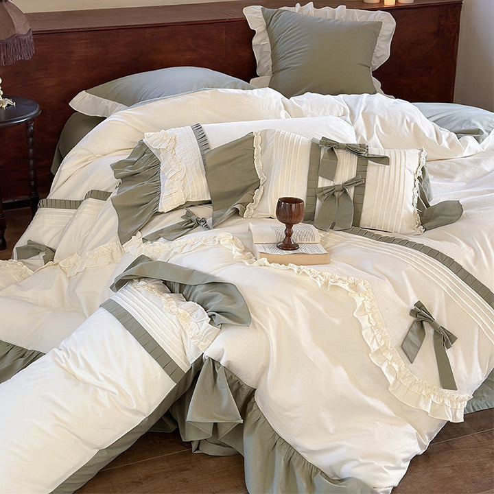 Ruffled Cotton Percale Duvet Cover Set with Pleated Trim & Bow Accents