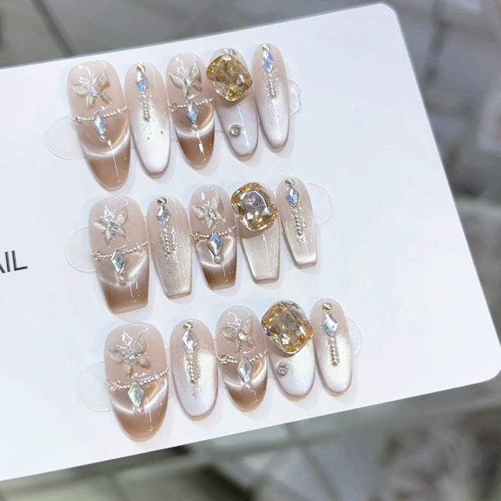 Decorative Press-On Nail Art Set with Gemstone Accents Bowlift