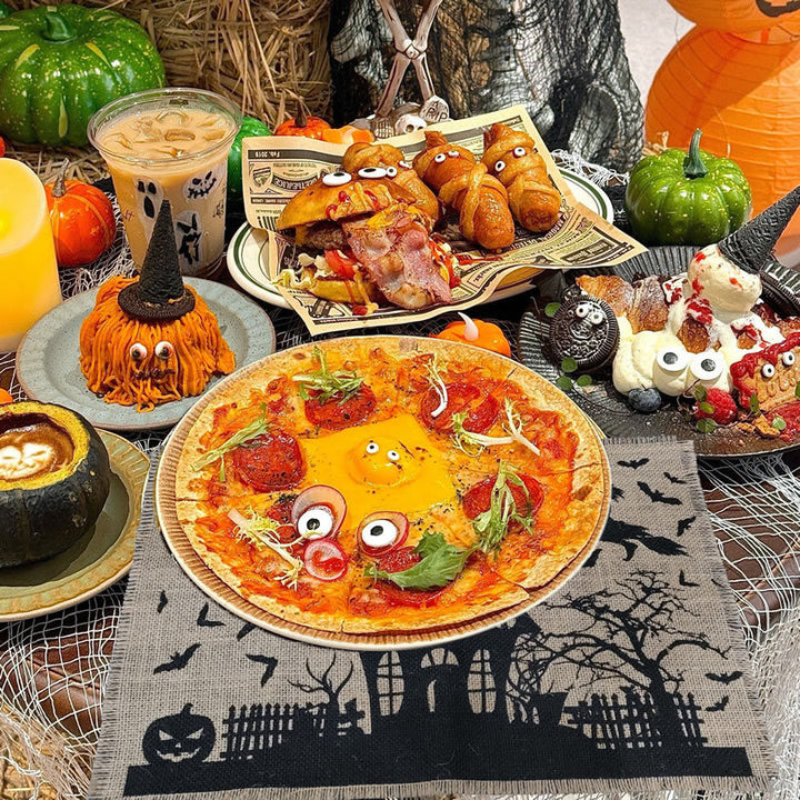 Jute Table Runner Halloween Spooky House Print with Fringed Edge