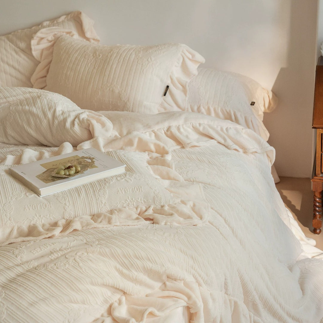 Soft Crinkle Jacquard Cotton Linen-Blend Ruffled Duvet Cover Set
