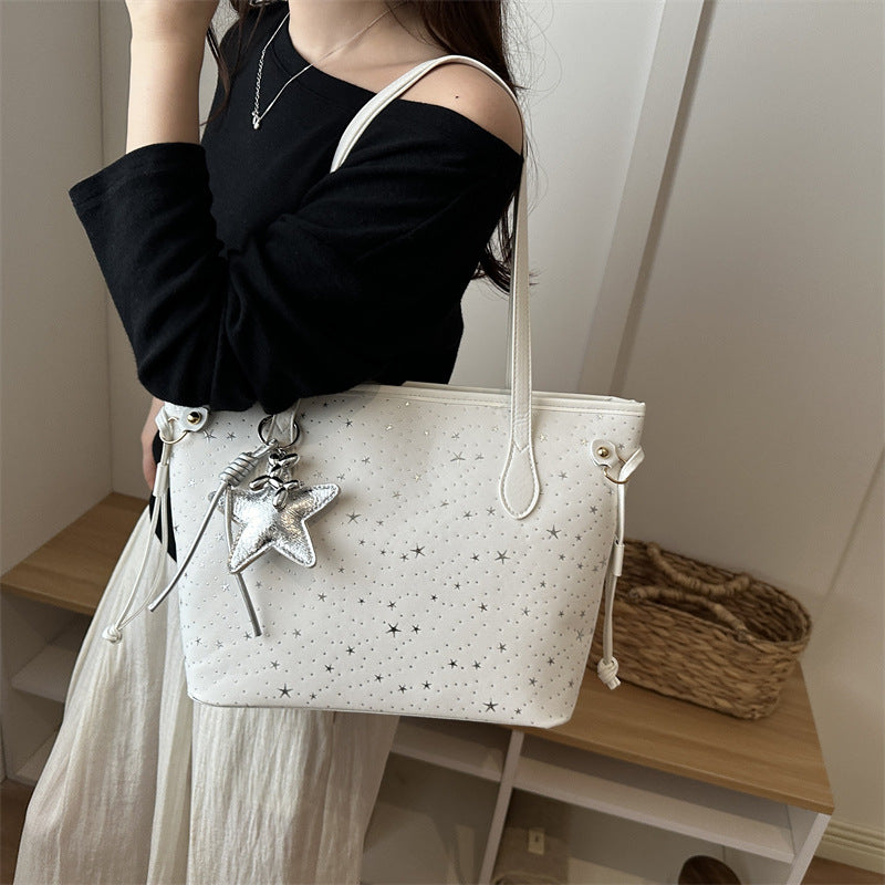 Star-Accented Faux Leather Tote Bag