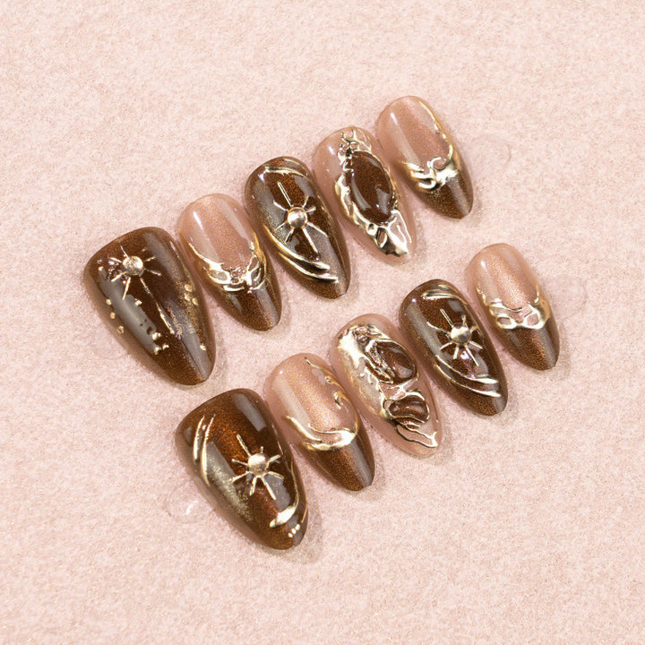 Artistic Press-On Nail Set with Gold Accents