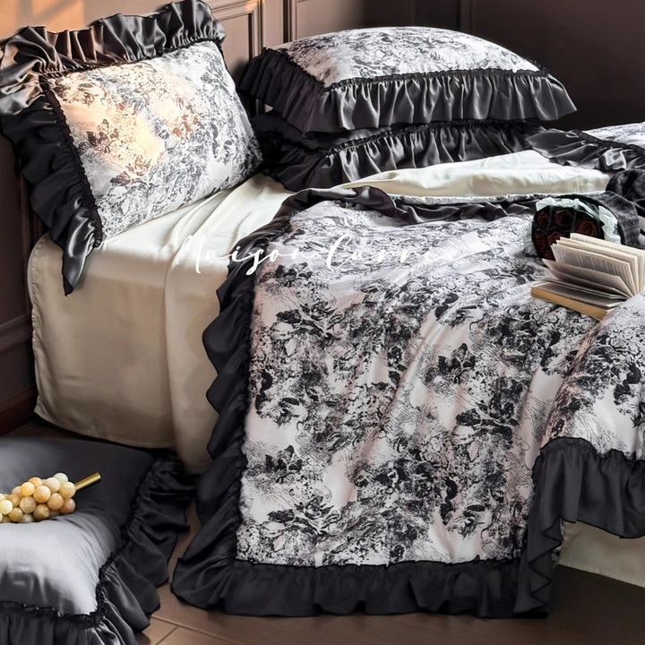 Satin-Blend Toile Print Ruffled Duvet Cover & Sham Ensemble
