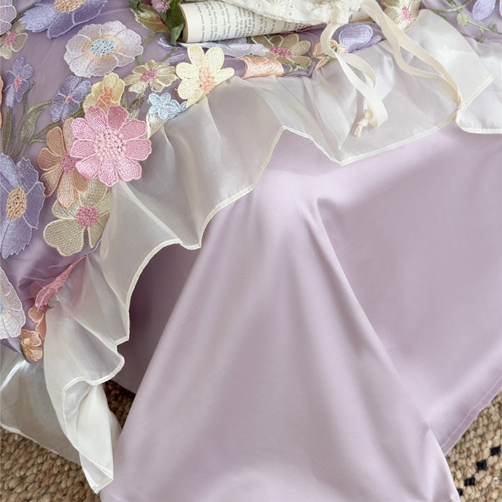 3D Floral Lace Appliqué Ruffled Duvet Cover Set